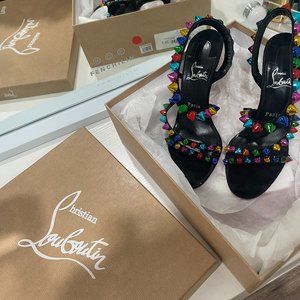 CHRISTIAN LOUBOUTIN Spikita 100 mm black and rainbow suede sandal heels